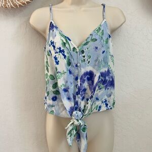 Lovestitch Dreamland Tie Front Tank in Blue and Green Floral Print. Size Medium
